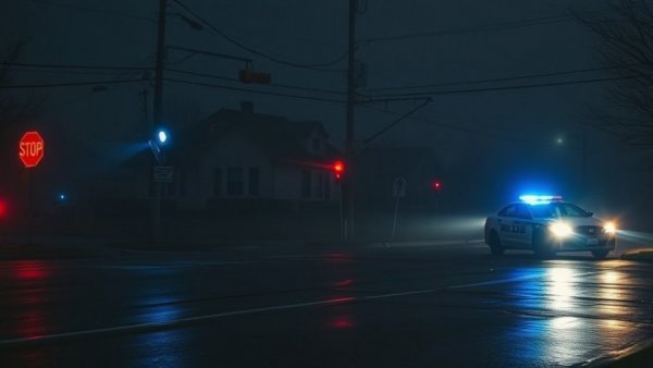 Dimly lit intersection scene with police cars and stop sign in Greenville.