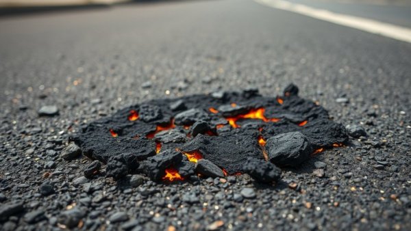 Scorched asphalt from fireworks mishap, modified fireworks safety.