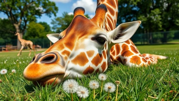 Giraffe lying on grass with dandelions, sunlit in zoo.