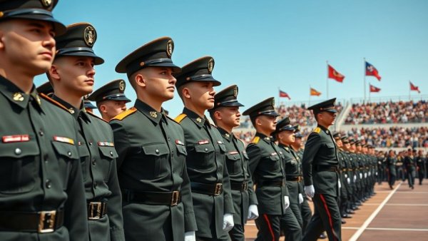 Military parade in Myanmar, soldiers marching in formation on a parade ground.