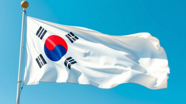 South Korean flag in blue sky; North Korea launches ballistic missiles.