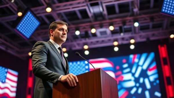 Confident speaker on dynamic stage, LED screens, JD Vance Ohio home vandalism