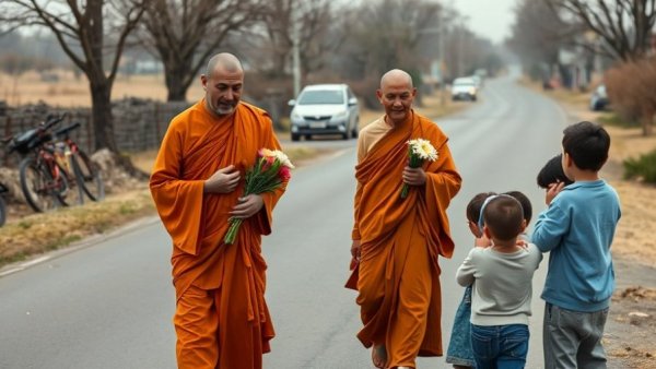 Buddhist monks receiving flowers from children during a walk for peace.
