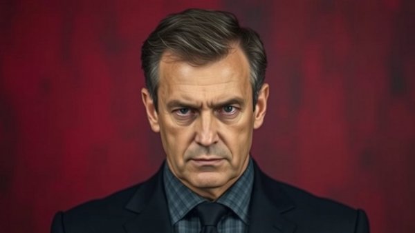 Serious man in a dark suit with pensive expression.