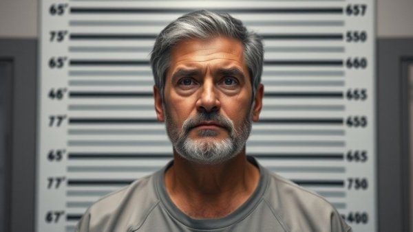 Mugshot of a man against a height chart, somber expression.