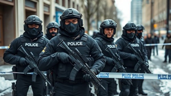 Officers in tactical gear at Minneapolis ICE crackdown shooting scene.