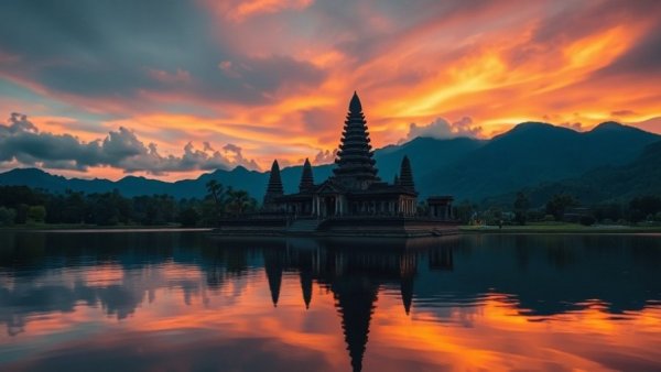 Iconic Indonesian temple on lake with vibrant sunrise, highlighting sustainable tourism in Indonesia.