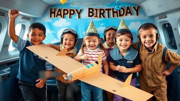 Children enjoying an aviation-themed birthday experience with costumes.