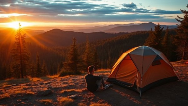 Idyllic sunset camping scene in Missouri mountains.