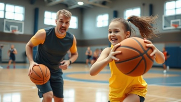 National Girls and Women in Sports Day Clinic: young girl practicing basketball with coach.