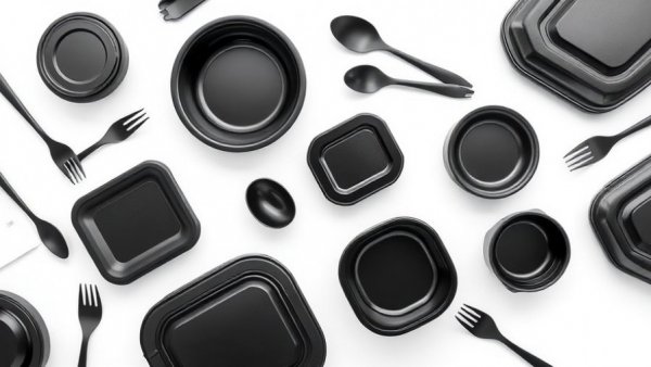 Assorted black plastic containers and utensils for recycling.