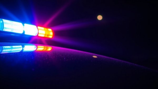 Police lights flashing on car in dark night