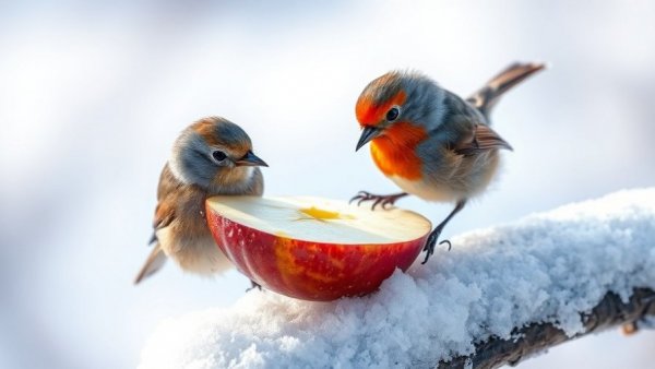 Colorful bird eating on a frosty apple during winter birdwatching.