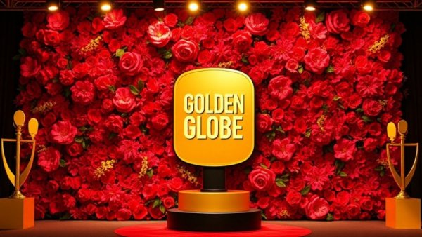 Golden Globes 2026 highlights floral wall with trophy.