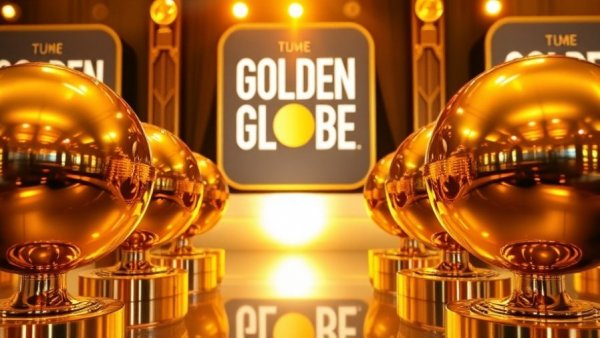 Glowing Golden Globe statues at award ceremony, 2026 Golden Globes Winners.