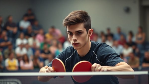 Focused player in vintage sportswear playing table tennis.