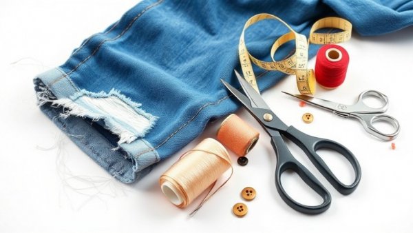 Sustainable clothes mending with tools and ripped jeans on white surface.