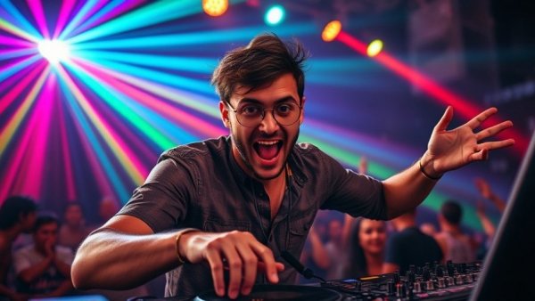 Padre Guilherme DJ energizing the rave crowd with dynamic beats.