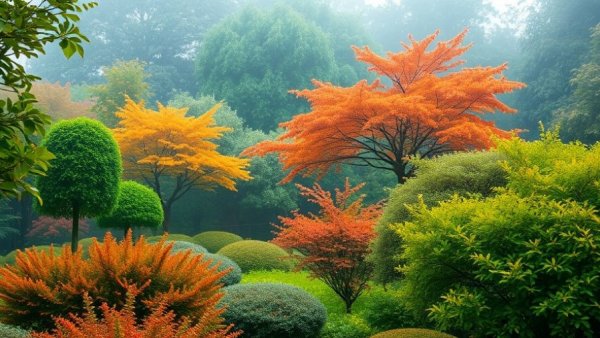 Lush eco-friendly garden with colorful foliage and misty atmosphere.