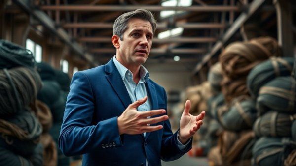 Man discusses Aquafil's regenerated nylon in industrial setting.