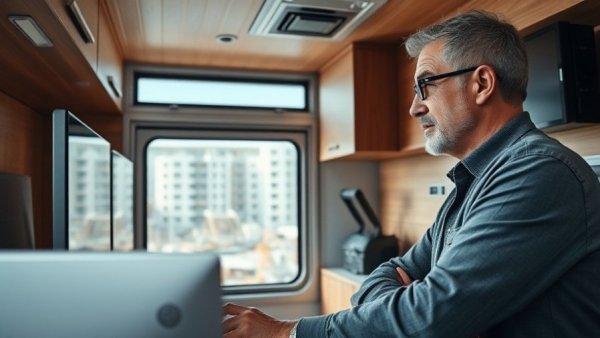 Two men discussing in a mobile office at a construction site.