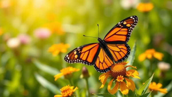 Monarch butterfly in meadow, methane abatement monarch migration.
