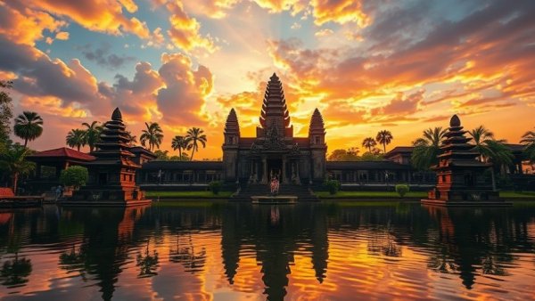Sustainable tourism in Bali, tranquil temple at sunset.