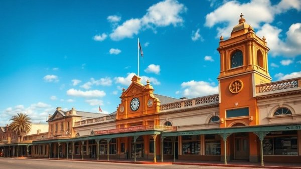 Vintage post office and shops in an Australian countryside town under a sunny sky.