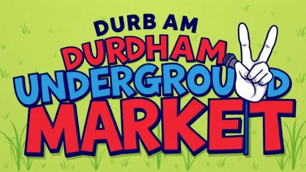 Durham Underground Market logo illustration with microphone and peace-sign hand.