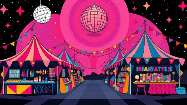 Vibrant retro-themed Raleigh Twilight Market illustration with colorful patterns.
