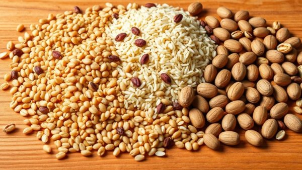 Various grains and legumes arranged on a wooden surface for low-carbon dinners.