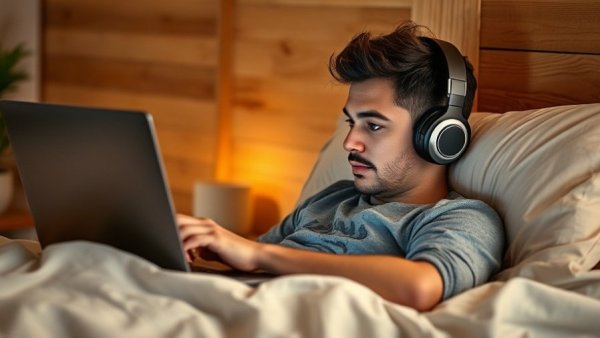Young man streaming videos on a laptop, highlighting carbon footprint of video streaming.