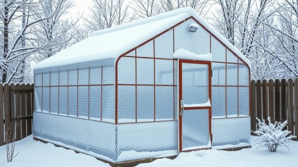 Snow-covered greenhouse insulated with bubble wrap amidst winter scene.