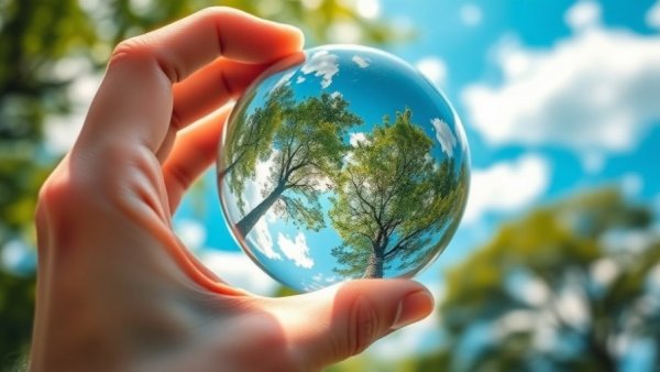 Hand holding glass sphere reflecting trees and sky, outdoors.
