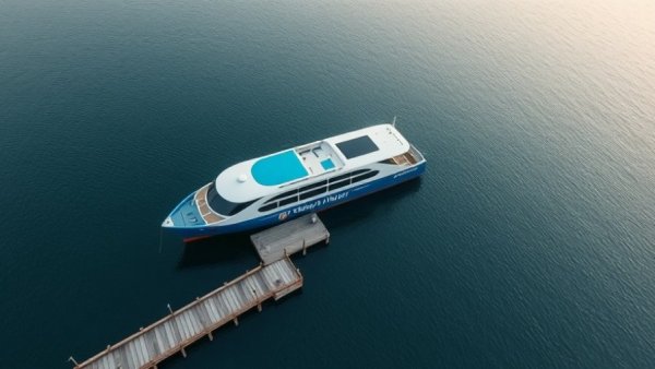 Aerial view of Kochi Water Metro ferry docked at a pier on calm water.