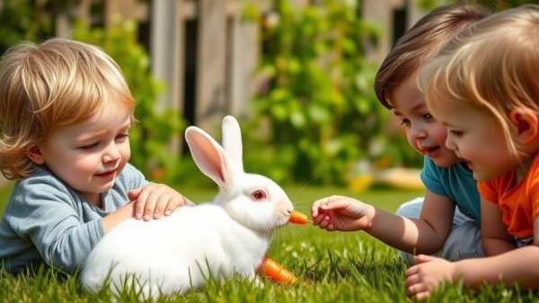 Children feed rabbit outdoors, pets inspire a greener lifestyle.