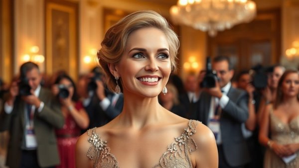 Elegantly dressed woman at Golden Globes event smiling.