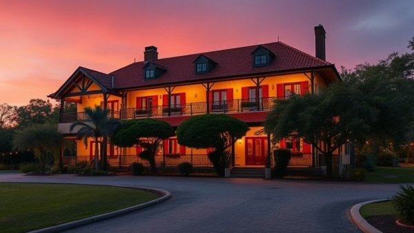 Colonial-style hotel in Moore County at sunset with warm lights.