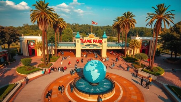Theme park entrance with fountain globe and visitors, highlighting safety.