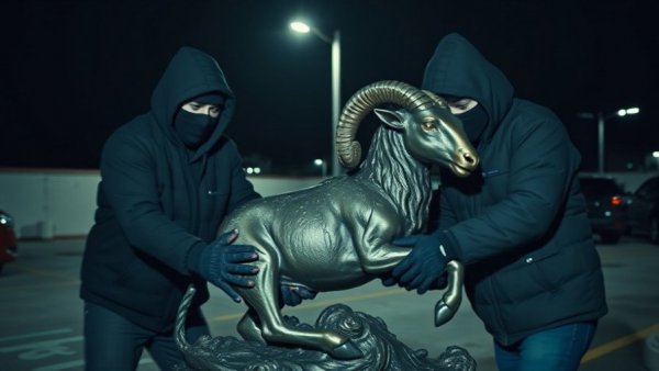Masked thieves stealing bronze ram statue in parking lot.