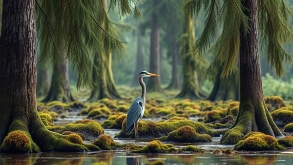 Heron amongst cypress trees at Caddo Lake, perfect for canoeing and birdwatching.
