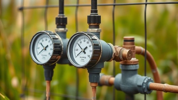 Modular grey water plumbing system close-up with gauges and pipes.