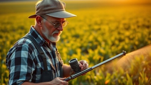 Farmer practicing responsible pest control in a field at sunset.
