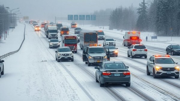100 vehicle pileup in Michigan snowstorm on highway, emergency vehicles present.