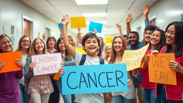 Joyful celebration with childhood cancer survivor and supporters holding signs.