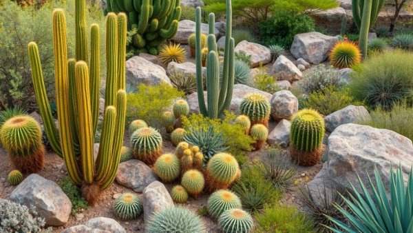 Waterwise gardening in Denver exhibition with diverse cacti and succulents.