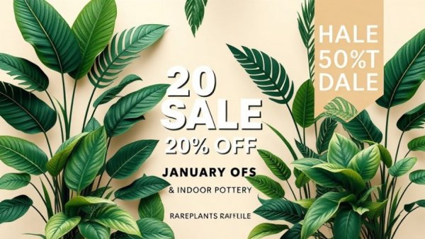 Houseplants and pottery sale flyer with lush green foliage and details