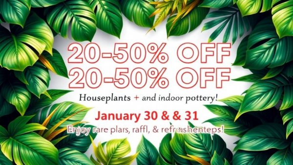 Houseplants and pottery sale flyer with tropical leaf design.
