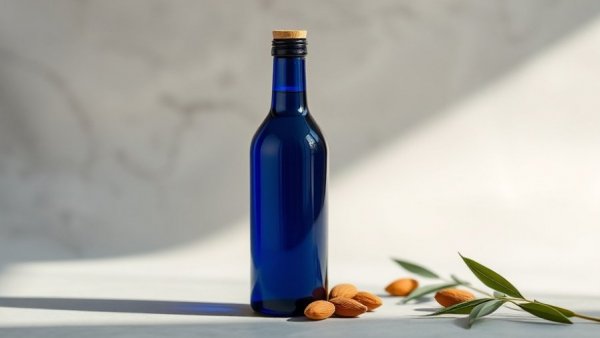 Dark blue almond oil bottle with label on minimalist background, buy sweet almond oil UK.