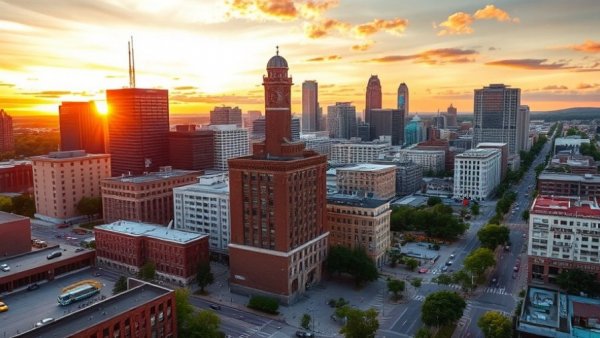 Winston-Salem attractions at sunset with city skyline.